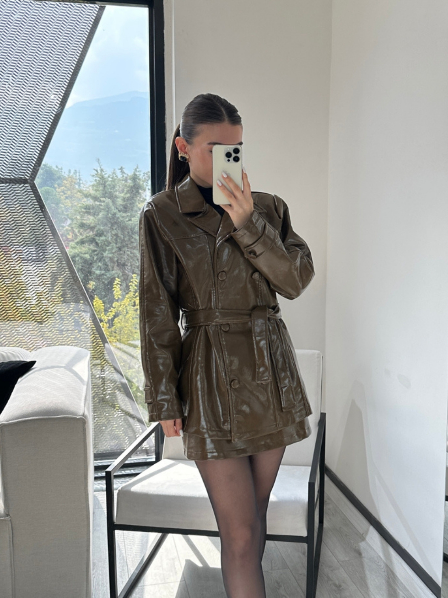 HAKİ KAPLAMA DÜĞMELİ CEKET ETEK DERİ TAKIM