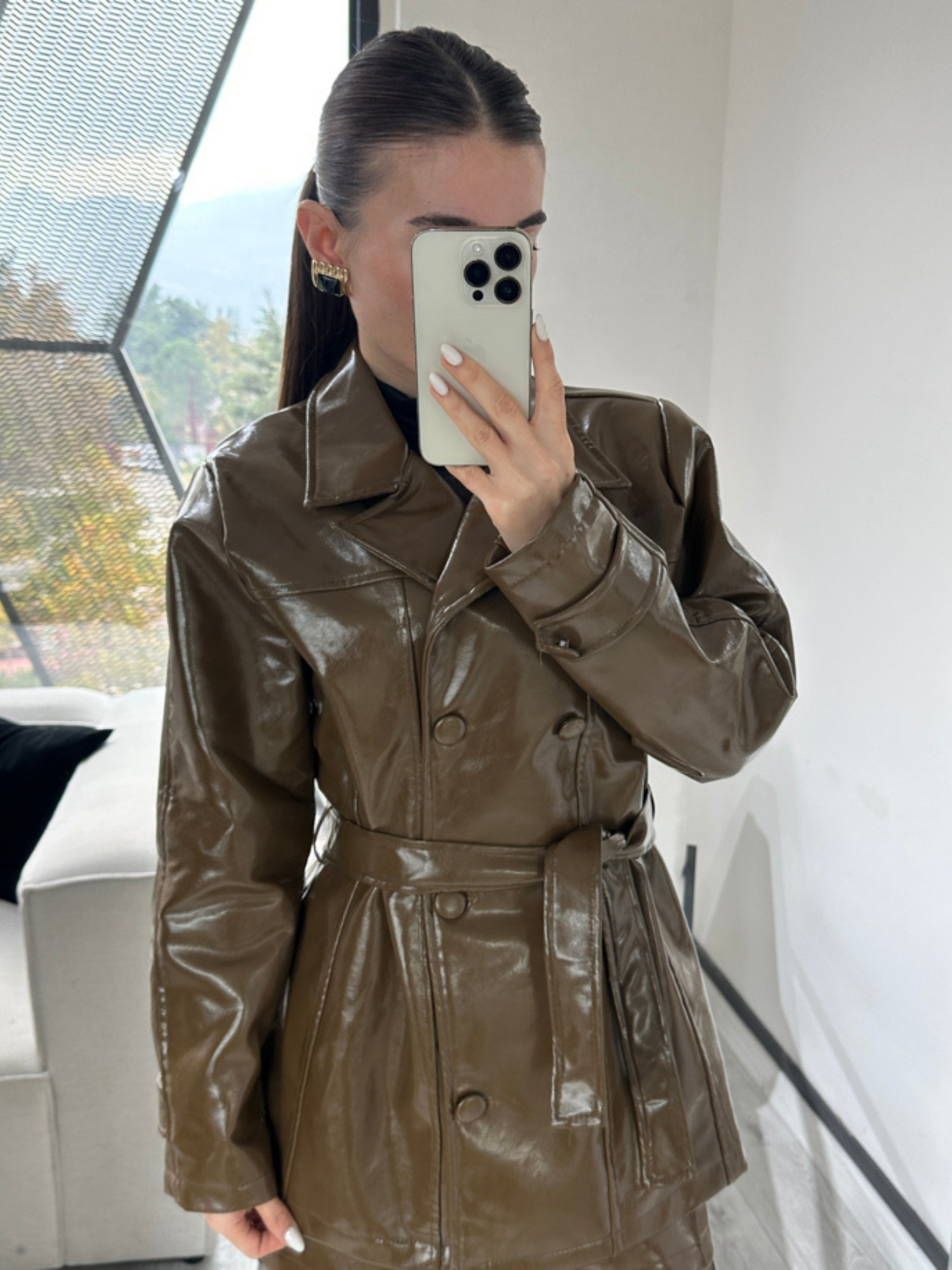 HAKİ KAPLAMA DÜĞMELİ CEKET ETEK DERİ TAKIM