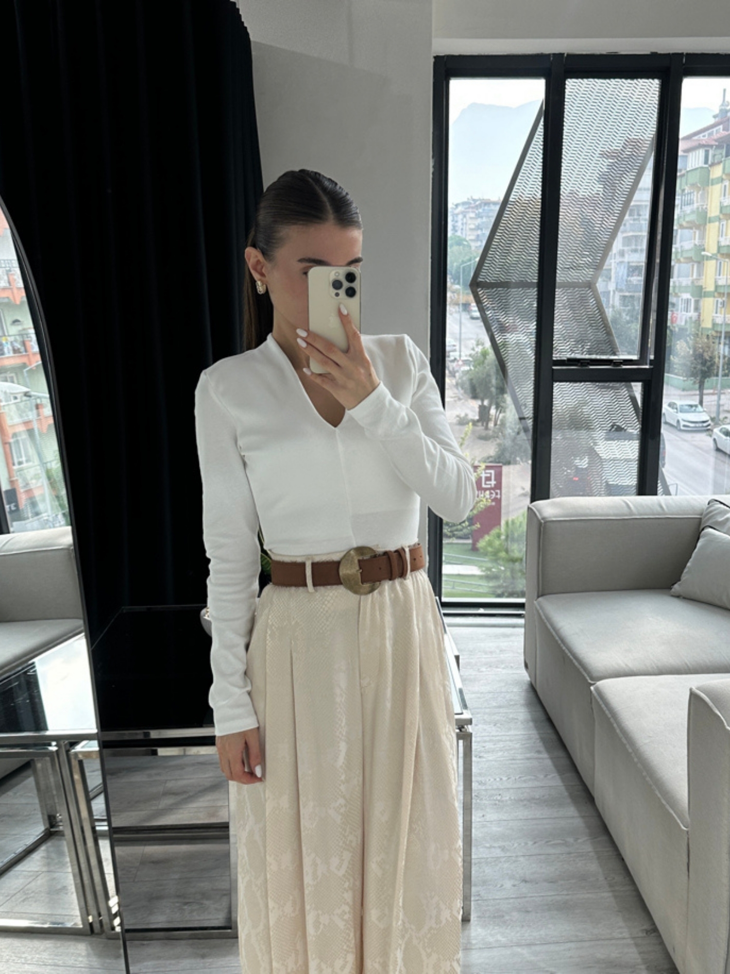 DESENLİ KREM SATEN BOL PAÇA PANTOLON